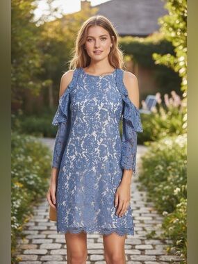 ELIZA J Romantic Blue Floral Lace Shoulder Shift Dress Sz 8 Med NWT Fairy Boho